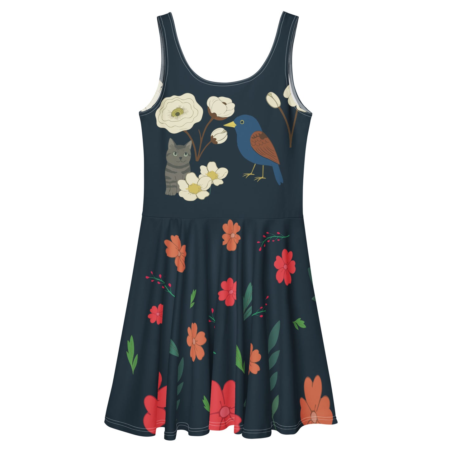 robe patineuse bleu marine à fleurs, oiseaux et chat dessiné