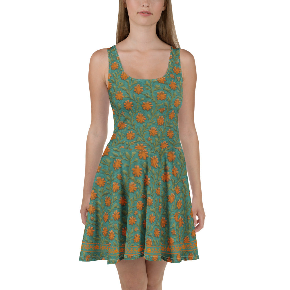 Artyoti | Green bohemian skater dress with orange flowers artistic summer for women Artyoti | Green bohemian skater dress with orange flowers artistic summer for women