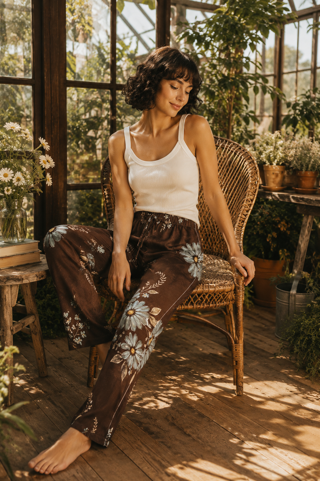 Pantalon Fluide Femme/pyjama Bohème Noisette | Pantalon Large Fleuri Marron | Pantalon Artistique Bohème Chic | Pantalon Confort Femme Artyoti